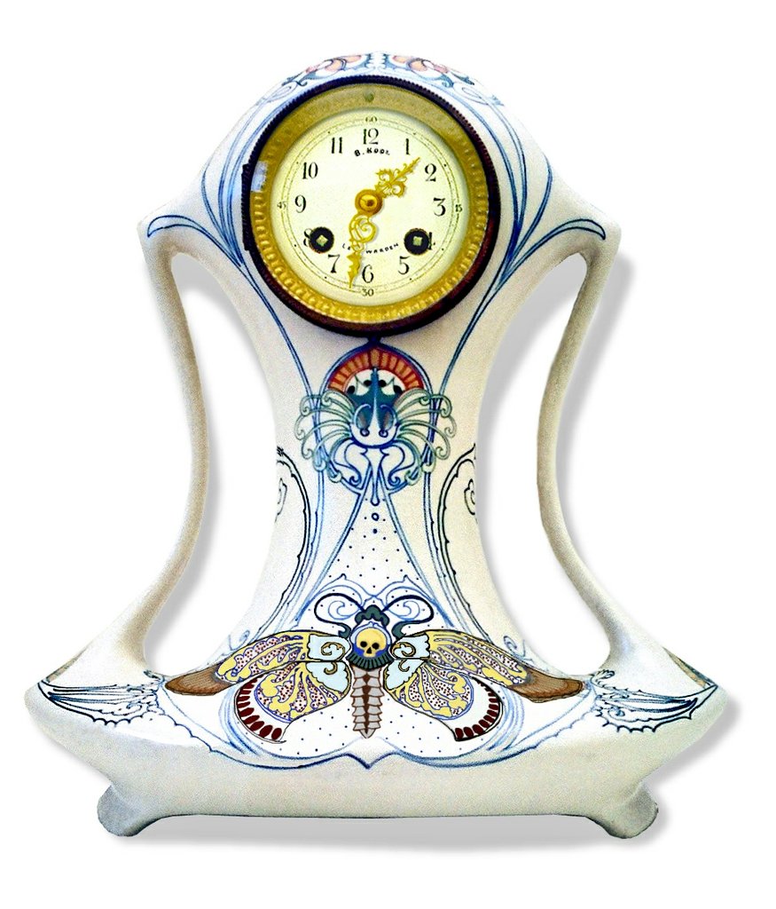 An Art Nouveau earthenware clock from 1908 by Klaas Vet for the Arnhemsche Fayence factory, The Netherlands.