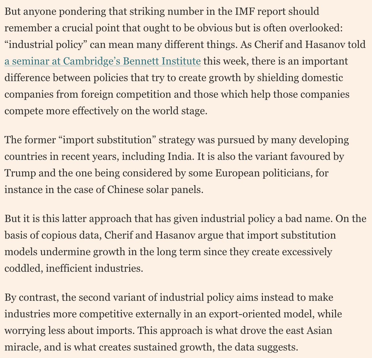 The most robust fact about industrial policy is this: Every nation on earth tried to modernize and industrialize in the 20th century. Everyone that tried protectionist import-substitution failed; some who tried export-led growth succeeded. @gilliantett ft.com/content/ef12d3…