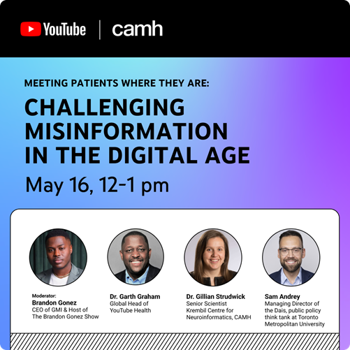 You are invited to join us for an important discussion around challenging health misinformation online, presented together with @CAMHnews & @YouTube Health. [Event RSVP] Meeting Patients where they are: Challenging misinformation in the digital age (google.com)