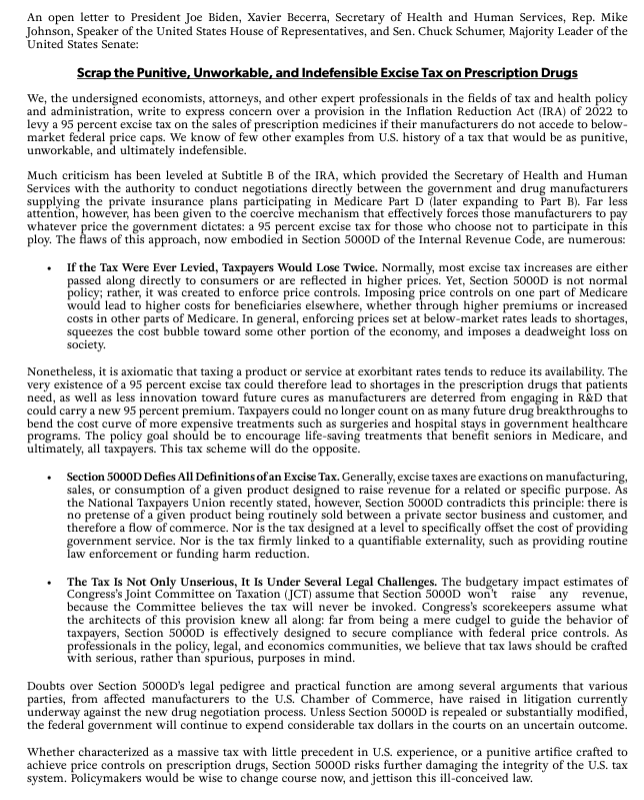 Over 70 economists, attorneys, and other expert professionals in the fields of tax and health policy and administration express concerns over a provision in the Inflation Reduction Act of 2022 to levy a 95% excise tax on the sales of prescription medicines if their manufacturers