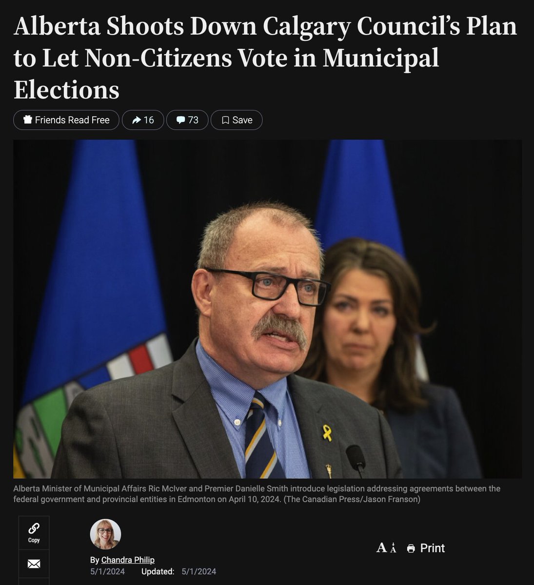 'A Calgary city council motion to pursue voting rights for Canadian permanent residents ran into a roadblock as the Alberta government quickly made clear that only Canadian citizens can vote in municipal elections.'

Globalist-leftist city councils must not be allowed to run amok