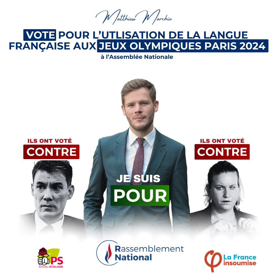 🗳️ J’ai bien évidemment voté POUR l’utilisation de la langue française aux #JO2024 !

👉🏻 Les députés gauchistes ont voté contre. #DirectAN
