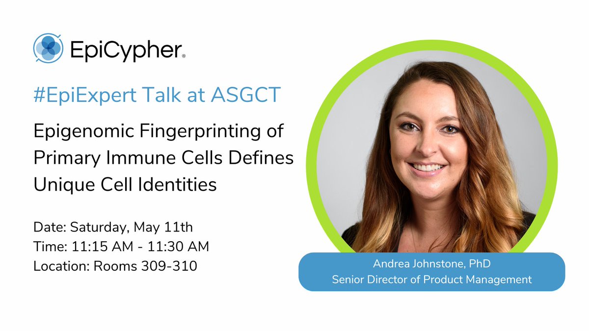 Come see Andrea Johnstone, PhD, give her #EpiExpert talk at #ASGCT24! 
🎤 Title: Epigenomic Fingerprinting of Primary Immune Cells Defines Unique Cell Identities
🕚 Saturday, May 11th | 11:15 am-11:30 am 
📍Rooms 309-310

📆 Add to calendar: 
hubs.la/Q02vW_2h0