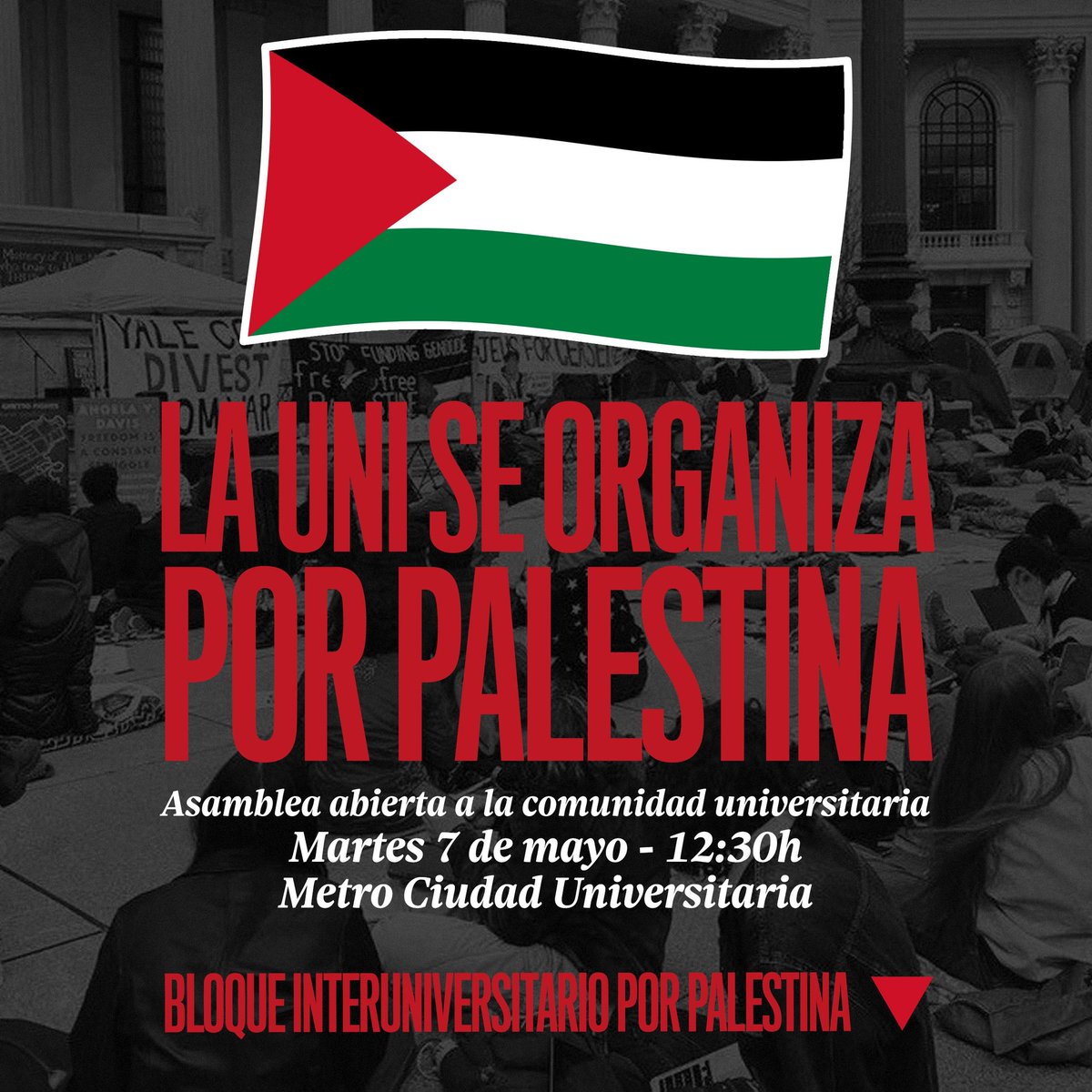 El martes 7 de mayo Madrid se organiza en el bloque interuniversitario contra el genocidio palestino desde el estudiantado 🇵🇸🇵🇸🇵🇸 Seguimos trabajando y organizándonos como estudiantes por Palestina