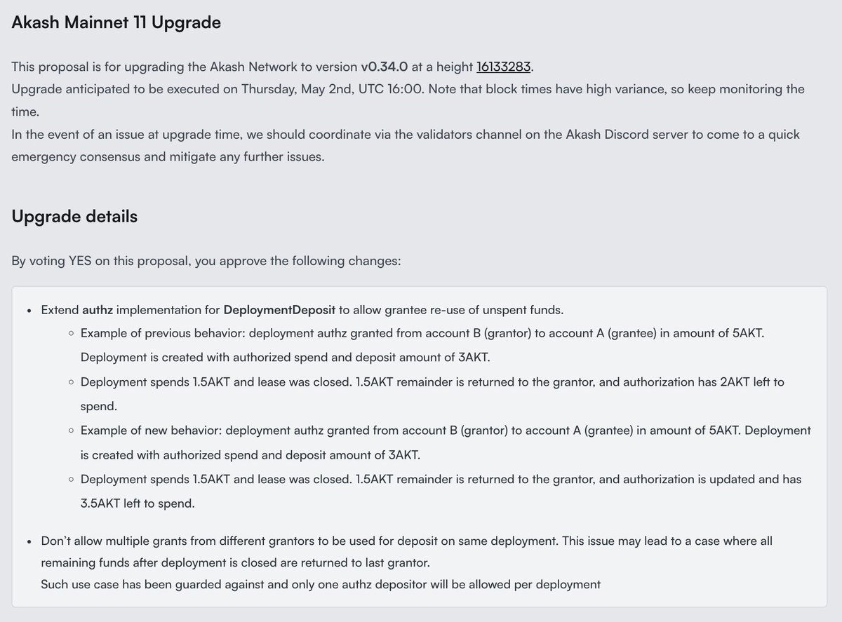 Earlier today, Akash successfully upgraded to Mainnet 11.

The upgrade was completed in less than 5 minutes. Thank you to all Akash Validators for working quickly to ensure a smooth upgrade.

Mainnet 11 includes:
> Updates to AuthZ to improve management and tracking of authorized…