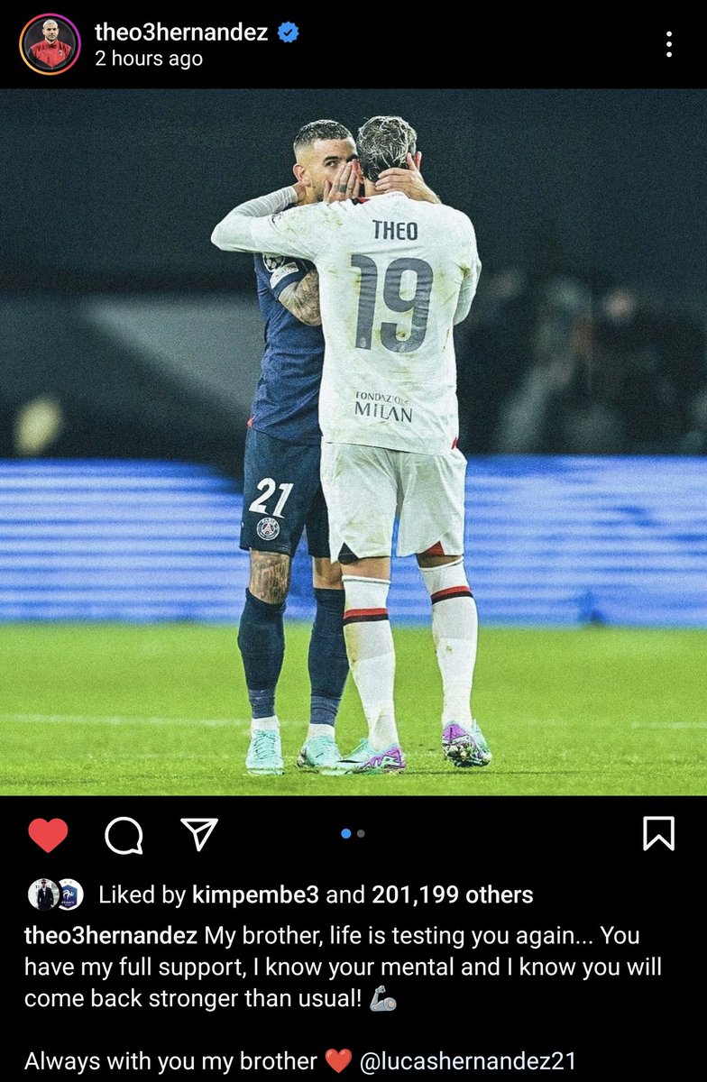 Theo Hernandez sends a message of support to his stricken brother Lucas who will miss the rest of the season & The Euros due to suffering an ACL injury during last night's Champions League game in Dortmund 😢

#PSG 🇨🇵 #LesBleus