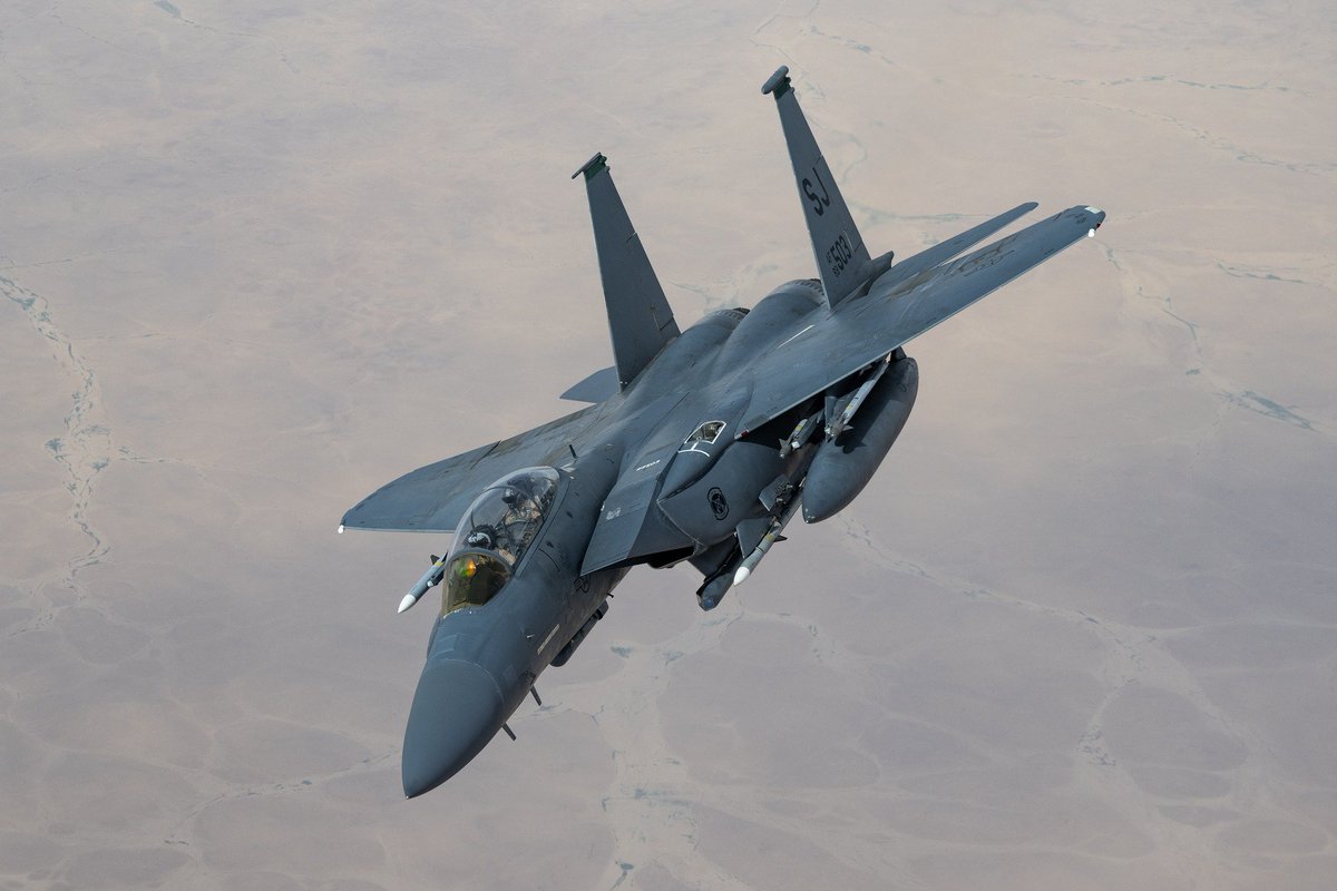 F-15E Strike Eagle from the  335th Fighter Squadron on Drone Patrol receives fuel from a KC-135 Stratotanker from the Tennessee Air National Guard’s 151st Air Refueling Squadron, over the U.S. Central Command area of responsibility, April 20, 2024