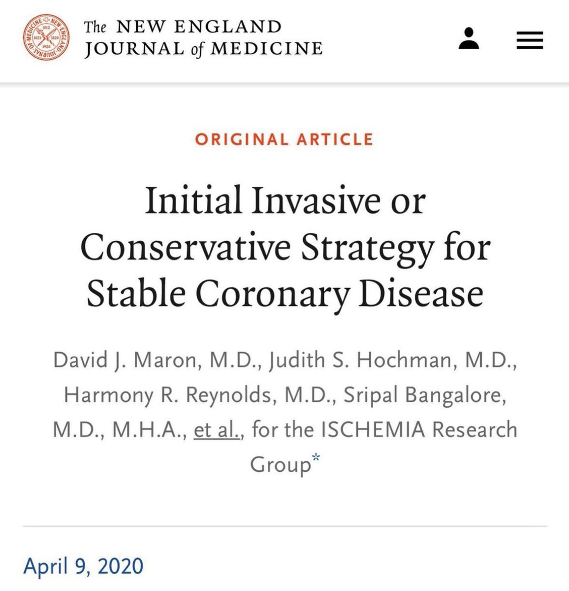 Jumping straight to the cath lab for stable coronary artery disease? Perhaps not ☝️. Groundbreaking study that has shifted our initial approach to patients with angina to favor a trial of conservative medical therapy. ISCHEMIA Trial, NEJM 2020 ♥️