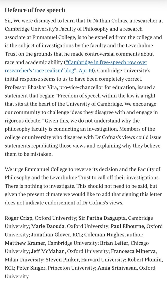 This is an excellent letter in support of the academic freedom of Nathan Cofnas @nathancofnas, published today in @thetimes. It is signed by leading academics from across the world including Steven Pinker, Brian Leiter, Robert Plomin, Partha Dasgupta, and Peter Singer.