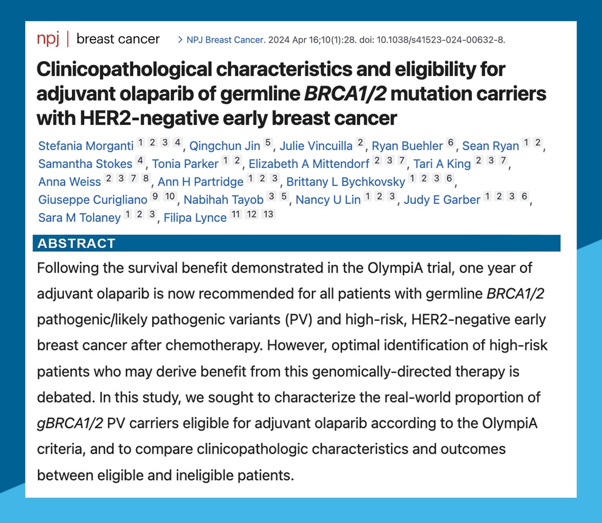 👉📰Clinicopathological characteristics and eligibility for adjuvant #olaparib of germline BRCA1/2 mutation carriers with HER2-negative early #BreastCancer read it now in @Nature_NPJ Breast Cancer. ➡️pubmed.ncbi.nlm.nih.gov/38627457/ @StefiMorganti @FilipaLynce @curijoey @NabihahTayob