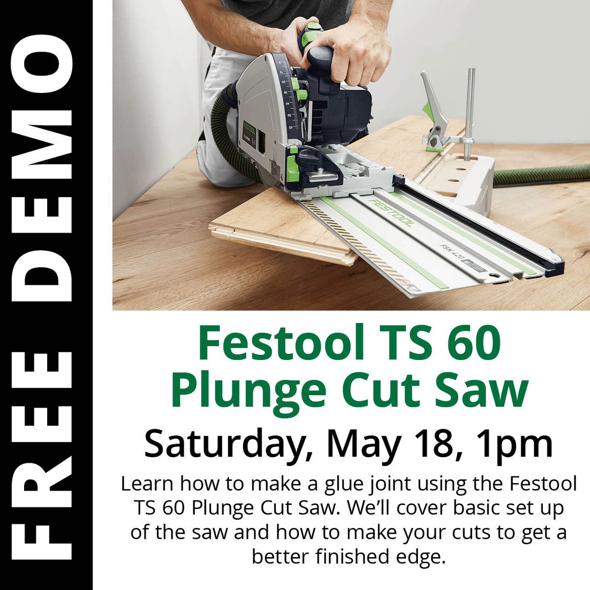 Checkout the free demos happening at your local Woodcraft this month. 

Stop in May 11 to learn how to properly keep your bandsaw in top working order.

Come back May 18 to learn the basics of the Festool TS 60 Plunge Cut Saw.

Find your local Woodcraft bit.ly/44g1Gv0
