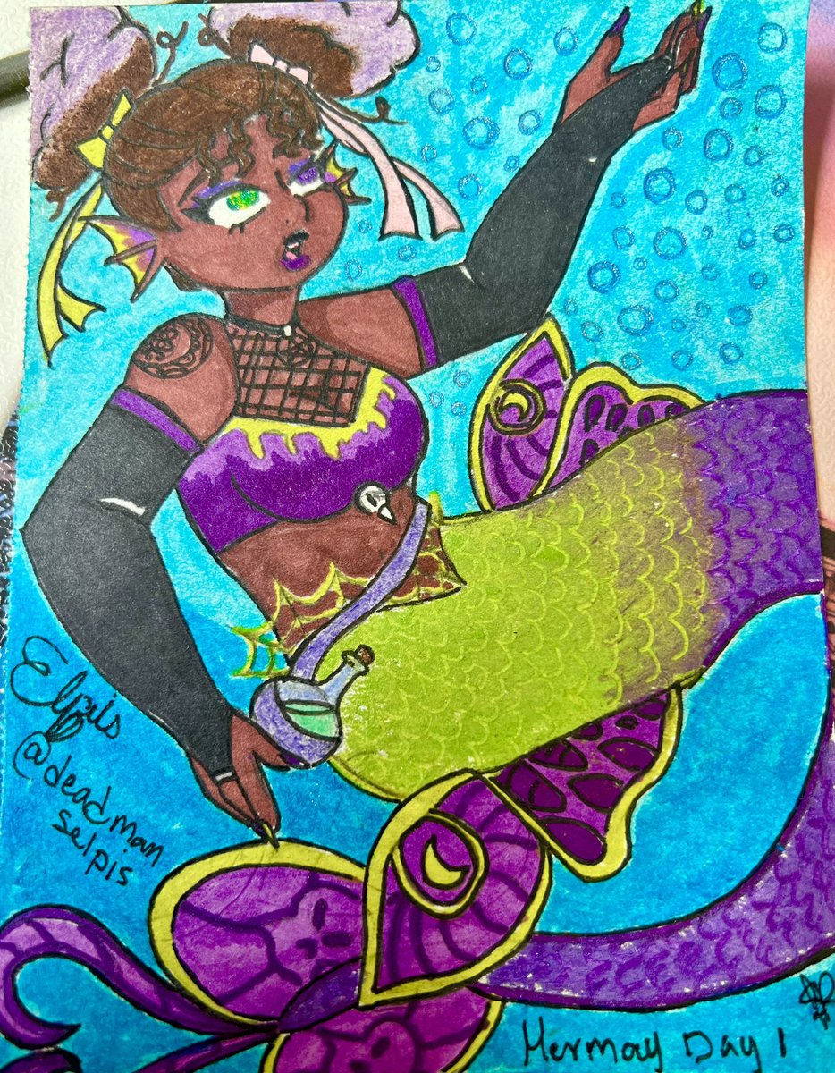 Ahem i will do another mermay art throughout the day but here’s mermay day 1! @deadmanselpis 
I really love your afropuffs 🥺 and purple green color combo is just so good. Hope you like it!