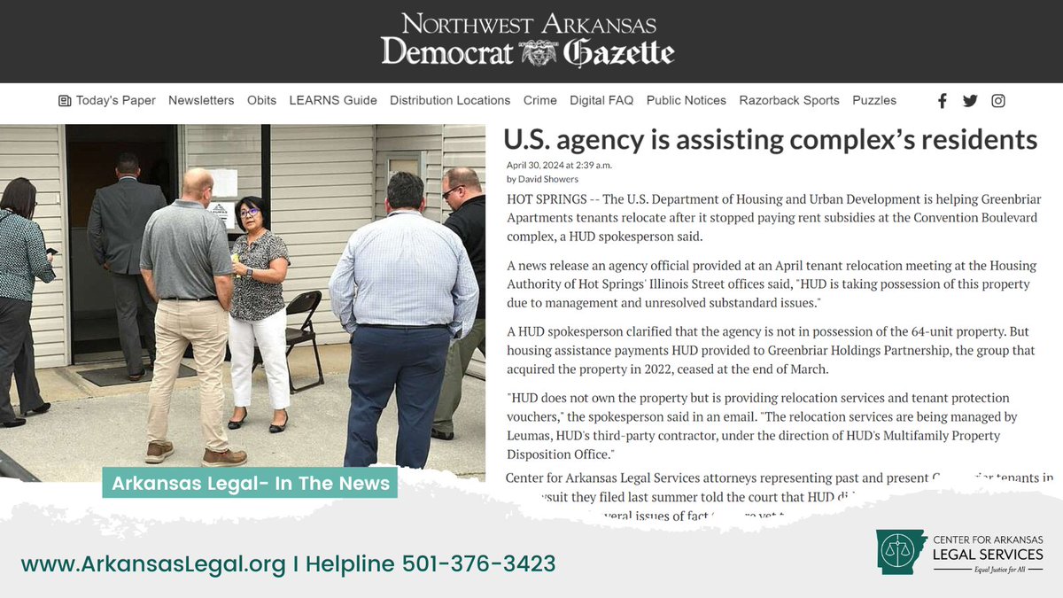 We are in the news again, but this time, it is referencing our work with the #GreenbriarApartments. This is an ongoing issue, and people still need help beyond what our services can provide. 

arkansaslegal.org/arkansas-legal…

#ARlegal #RentersRights #ArkansasHousing #ArkansasRenters