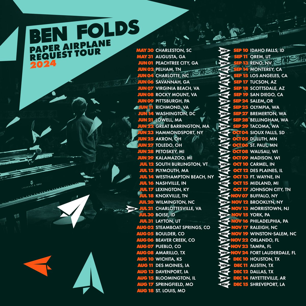 New dates have been added to @benfolds Paper Airplane Request Tour! Get your tickets tomorrow, 5/3 here 🎟️ go.axs.com/IfmU50Rv2ck