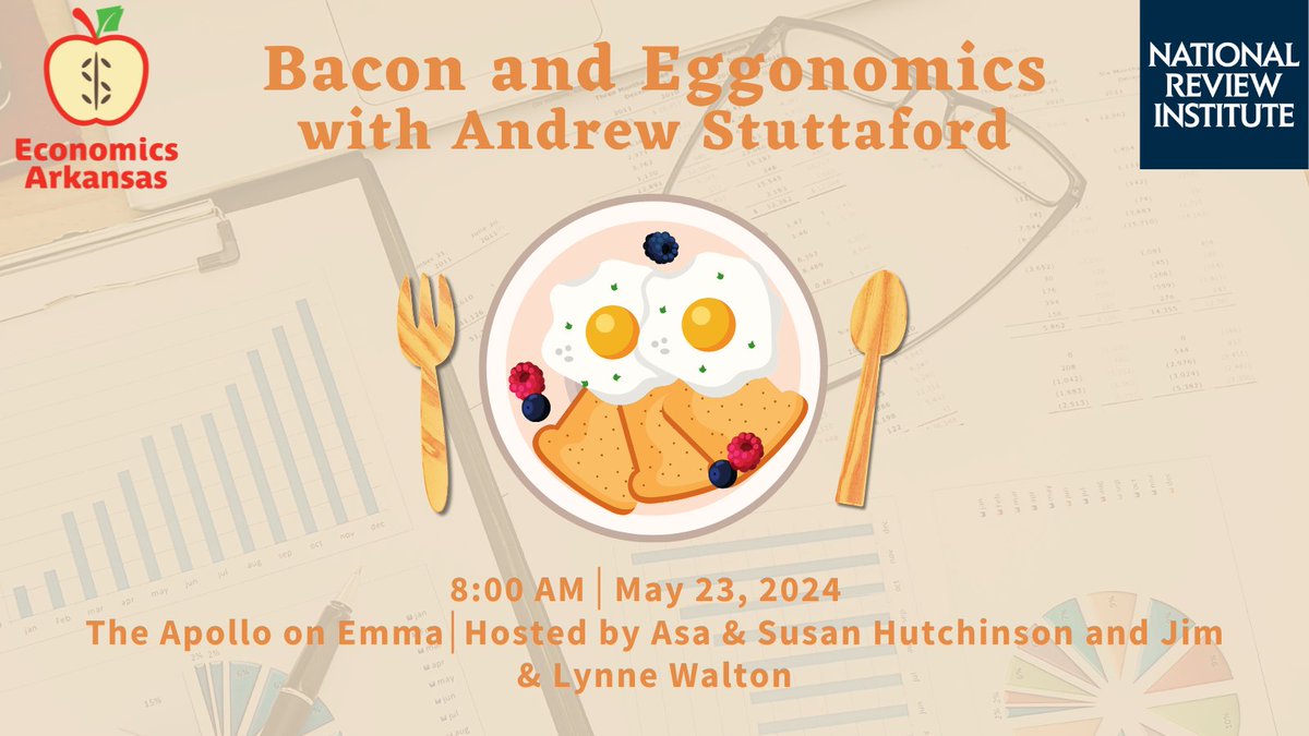 🚨 TOMORROW🚨 Join NRI in partnership with @EconomicsAR on May 23 for a breakfast discussion of economics hosted by Asa and Susan Hutchinson and Jim and Lynne Walton! Register here: bit.ly/3PZh6Ol -@AStuttaford