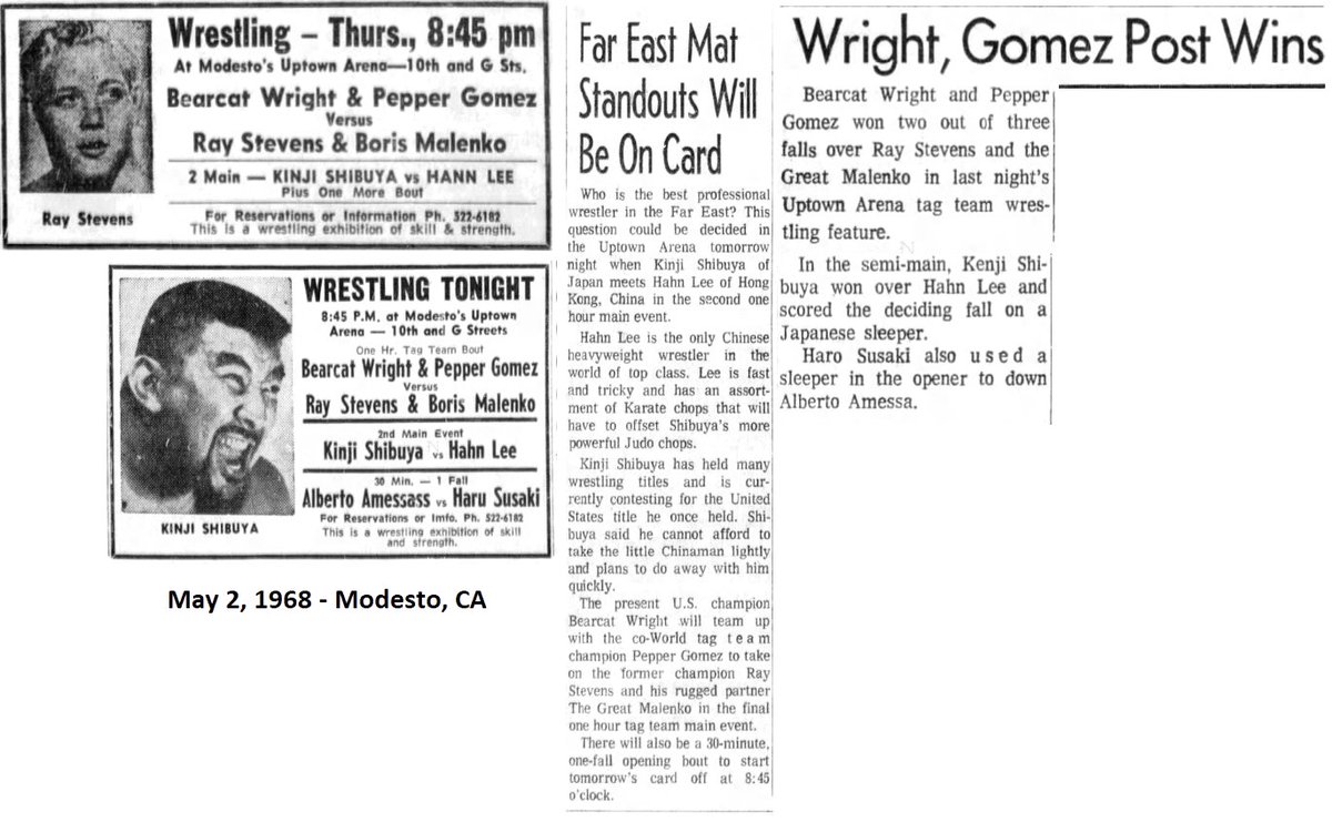 May 2, 1968 - Uptown Arena, Modesto, CA Main Event: Bearcat Wright & Pepper Gomez vs. Ray Stevens & The Great Malenko