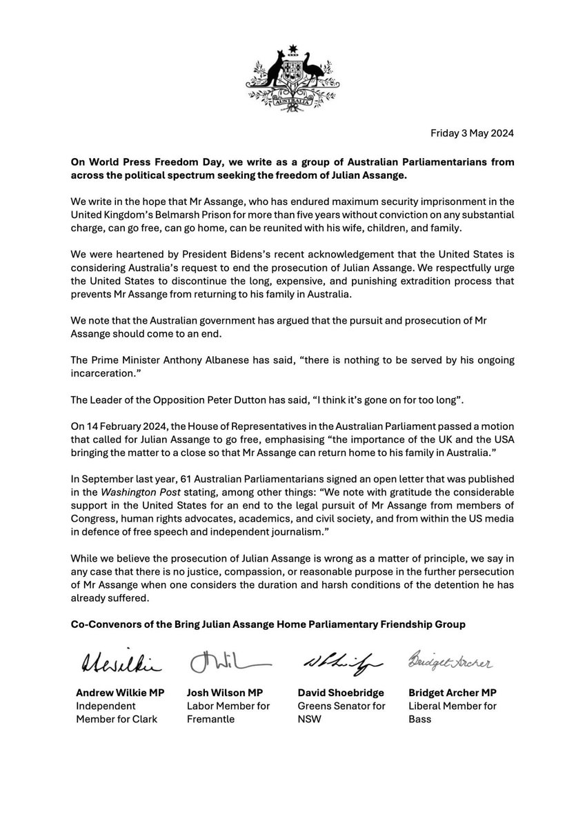 Today, President Biden received a letter from the co-chairs of The Bring Julian Assange Home Australian Parliamentary Friendship Group, seeking the freedom of Julian #Assange #LetHimGoJoe #WorldPressFreedomDay #WPFD2024 @WilkieMP, @DavidShoebridge, @Josh4Freo and