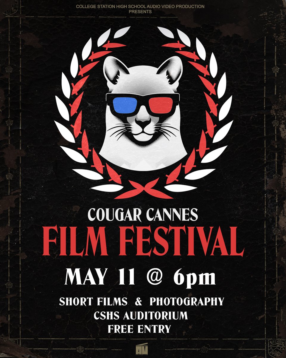 CSHS AVP (@cshsavp) on Twitter photo HELP US SOLVE A MURDER MYSTERY - THIS YEAR AT FILM FEST!
Join us for a night of short films and photography created by AVP students on Saturday, May 11th at 6pm in the CSHS Auditorium.
Admission is FREE!
<a href="/csisdcte/">CSISD Career & Technical Education</a> <a href="/CSISD/">College Station ISD</a> <a href="/CSHighSchool/">College Station HS</a> HELP US SOLVE A MURDER MYSTERY - THIS YEAR AT FILM FEST!
Join us for a night of short films and photography created by AVP students on Saturday, May 11th at 6pm in the CSHS Auditorium.
Admission is FREE!
<a href="/csisdcte/">CSISD Career & Technical Education</a> <a href="/CSISD/">College Station ISD</a> <a href="/CSHighSchool/">College Station HS</a>