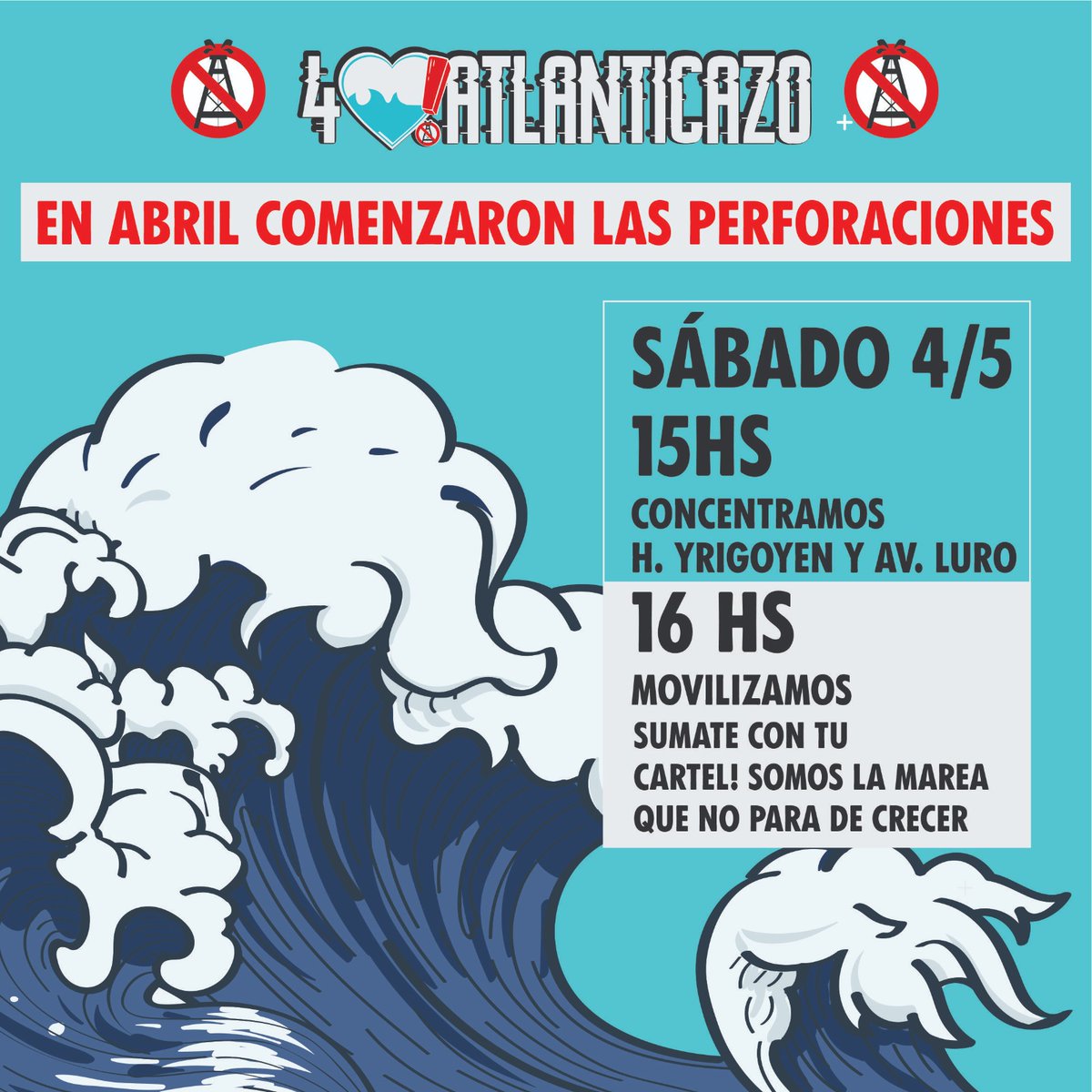 📌 Este #4 de #mayo nos encontramos en Luro e Yrigoyen a las 15hs

🐳 ¡Sumate a defender al Mar de la explotacion petrolera! +