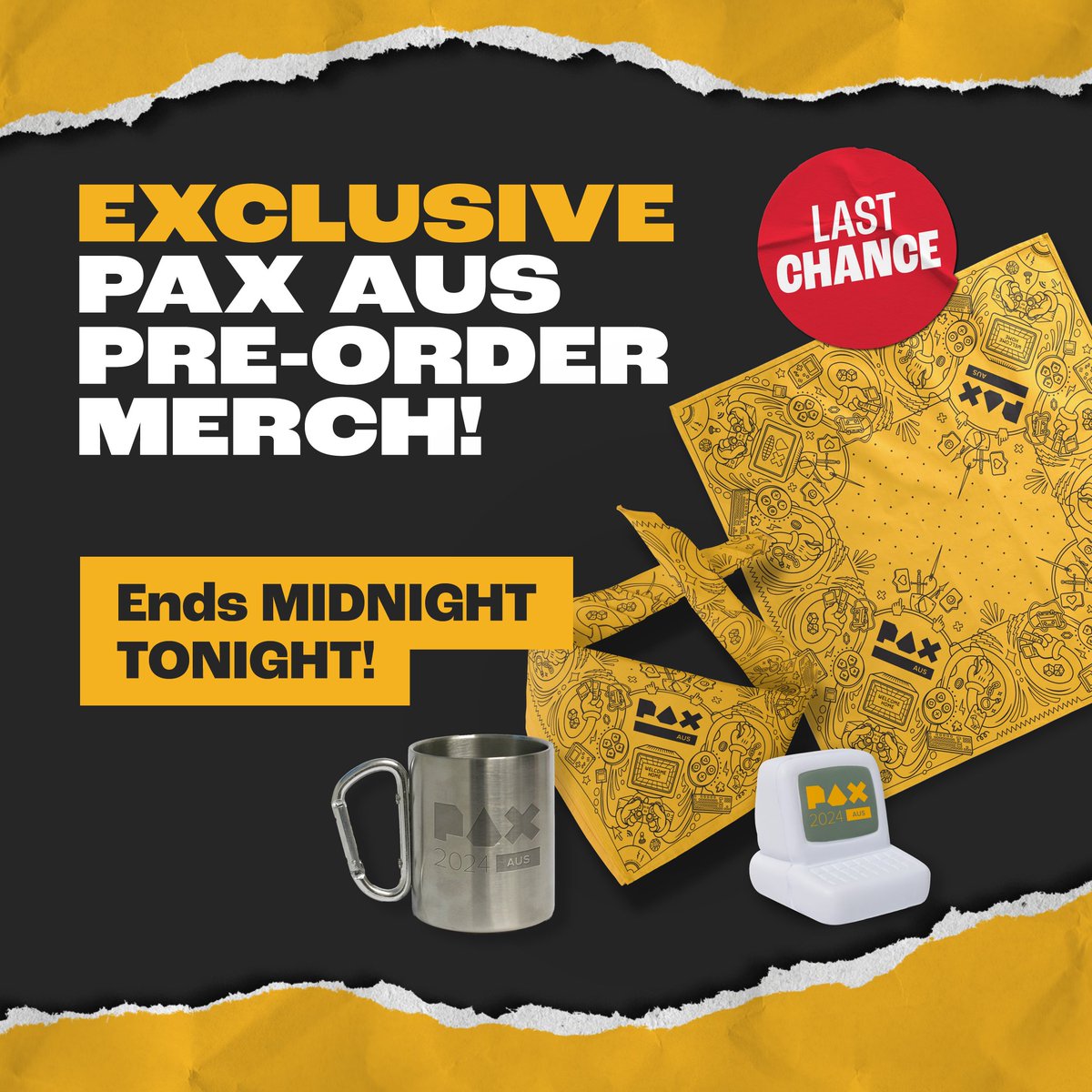 Exclusive PAX Aus Pre-order Merch Ends MIDNIGHT TONIGHT! This is your last chance to secure this snazzy line of merch! Just look at that little stress ball PAX computer! Pre-order here: aus.paxsite.com/en-us/registra…