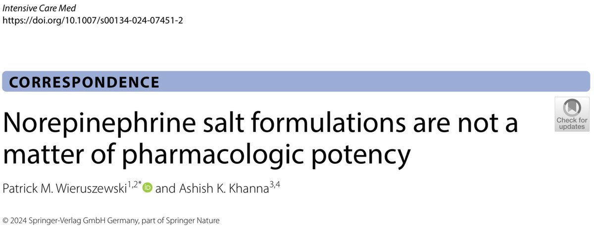 The use of correct terms describing scientific phenomena is essential to maintain quality in research and clinical care. In @yourICM we discuss why no norepinephrine salt form is superior or inferior to another. link.springer.com/article/10.100… @MayoAnesthesia @KhannaAshishCCM