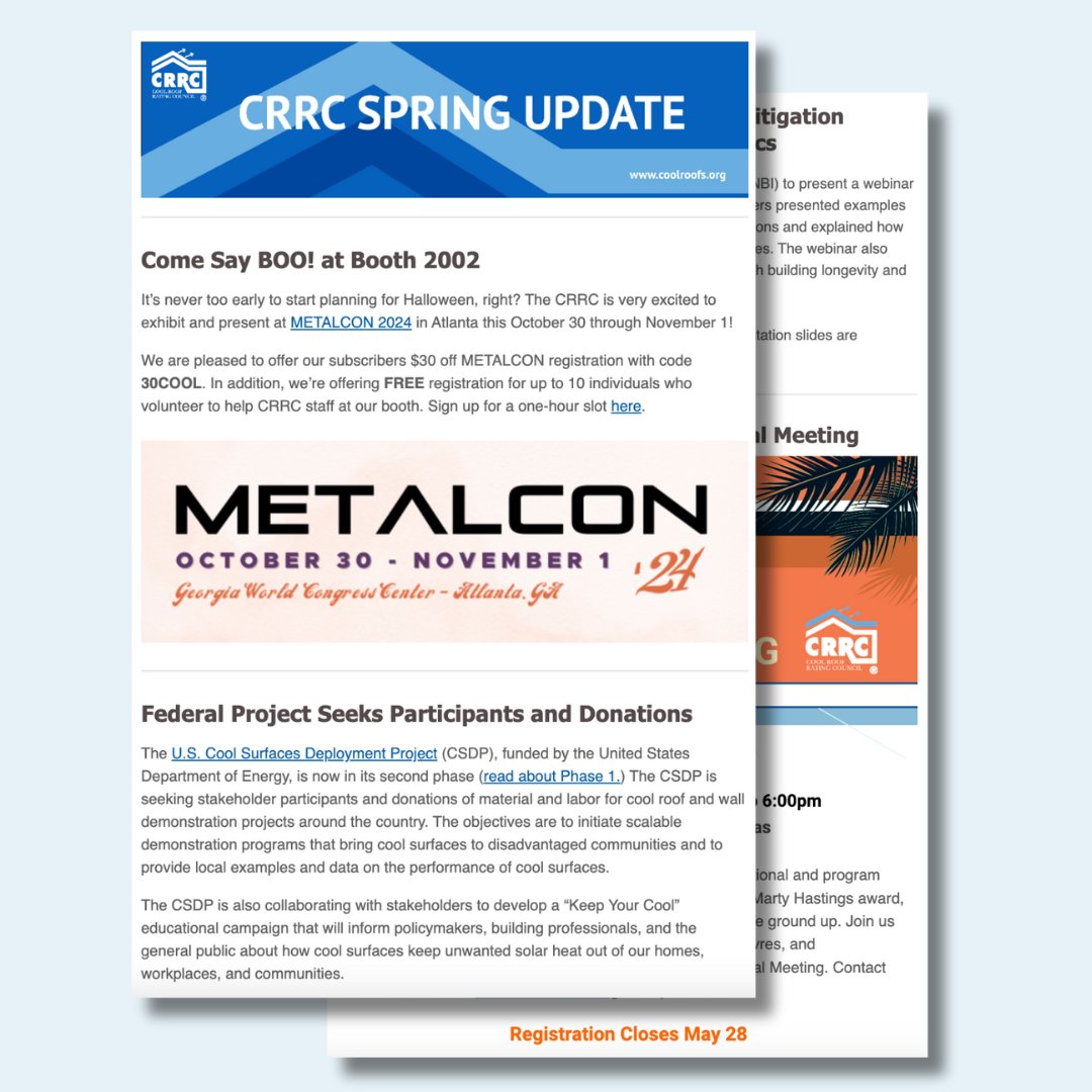 The CRRC Spring Update is here! Learn how you can obtain free tickets to METALCON, get involved with the U.S. Cool Surfaces Deployment Project, and more! mailchi.mp/5c702315ac0d/c…