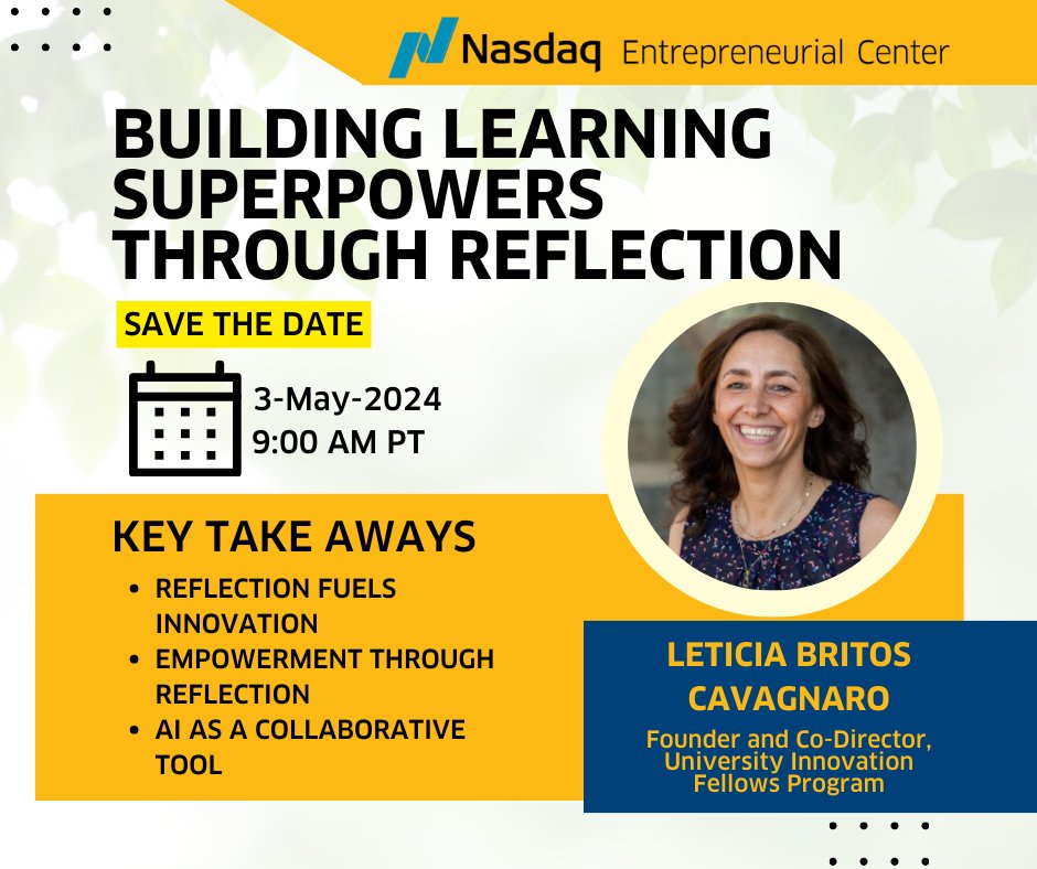Don't forget to join us for an empowering session with @LeticiaBritosC from @stanforddschool this Friday and discover how reflection can supercharge your learning journey. Don't miss out on actionable insights to stay relevant and shape the future! eventbrite.com/e/building-lea…