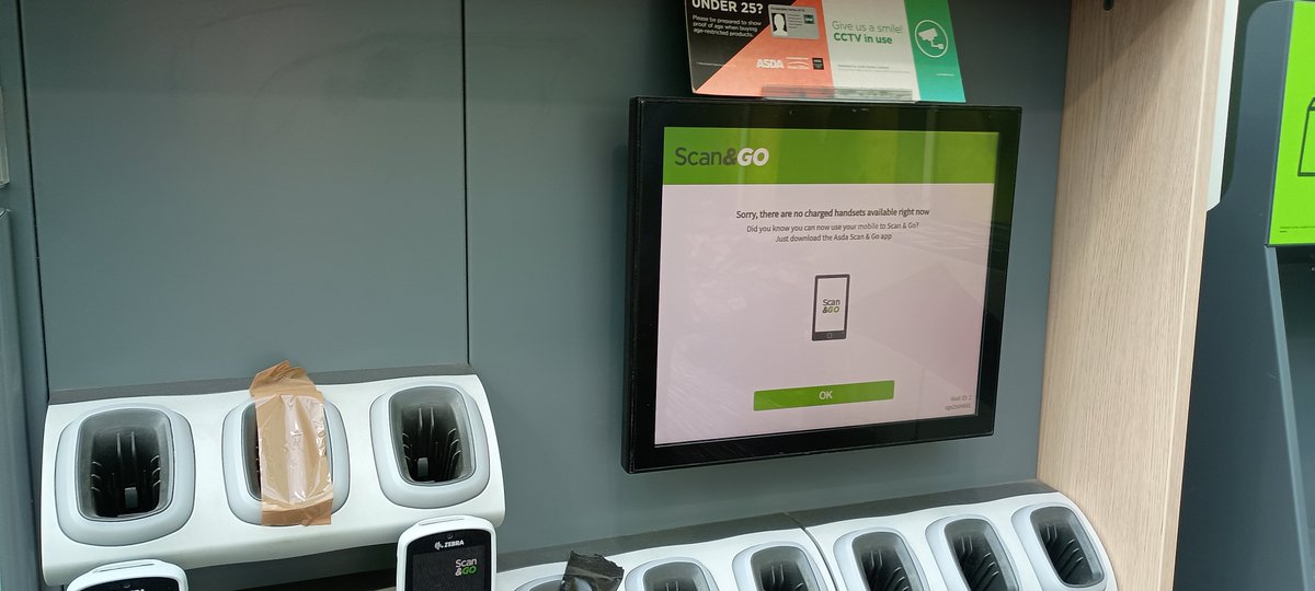 Went to @asda for my shopping, went to use the scan as you shop services. This was the handsets when I went to get one & the store was very quiet & no-one was using the scan as you shop services.