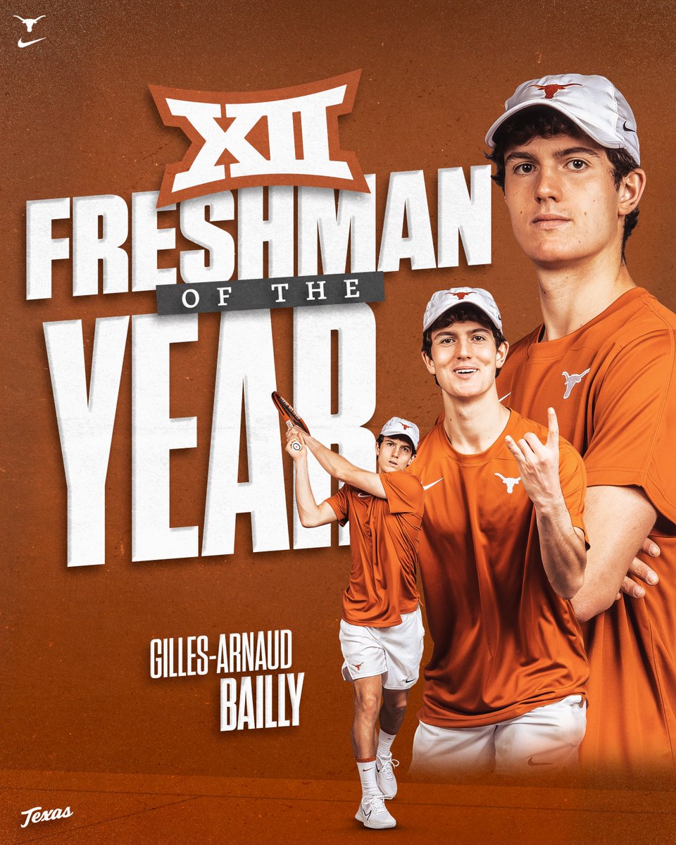 For the 3️⃣rd time in the last 4️⃣ years, a Longhorn is the @Big12Conference Freshman of the Year! Gilles-Arnaud Bailly joins his brother Pierre (2022) and Micah Braswell (2021)! Congrats Gilles! #HookEm 🤘🎾