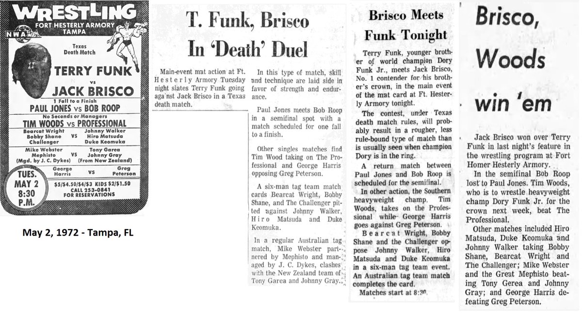 May 2, 1972 - Fort Hesterly Armory, Tampa, FL Main Event: Terry Funk vs. Jack Brisco 'Texas Death Match'