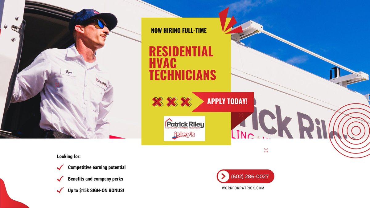 We're #hiring for an #HVAC service technician to provide #heatingandcooling services across #MaricopaCounty. We're looking for a quality-driven candidate who focuses on excellent customer service and wants long-term growth! See what the position offers: patrickrileyservices.com/careers?utm_so…