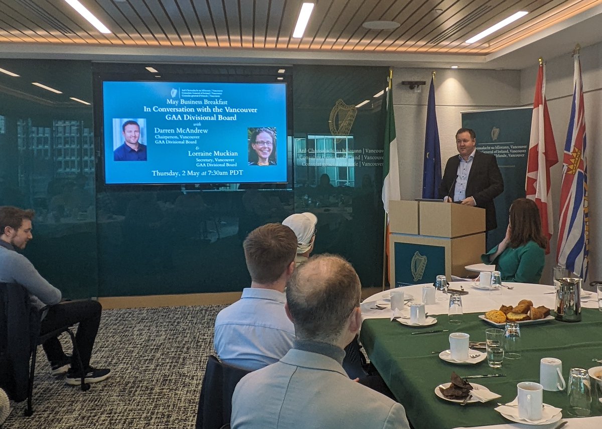 Thanks to our guest speakers Darren McAndrew and Lorraine Muckian, Vancouver GAA Divisional Board, for discussing the GAA growth in BC & sharing the plans for the 2024 Canadian National Championships at our business breakfast this morning. Sounds like it will be an amazing event!