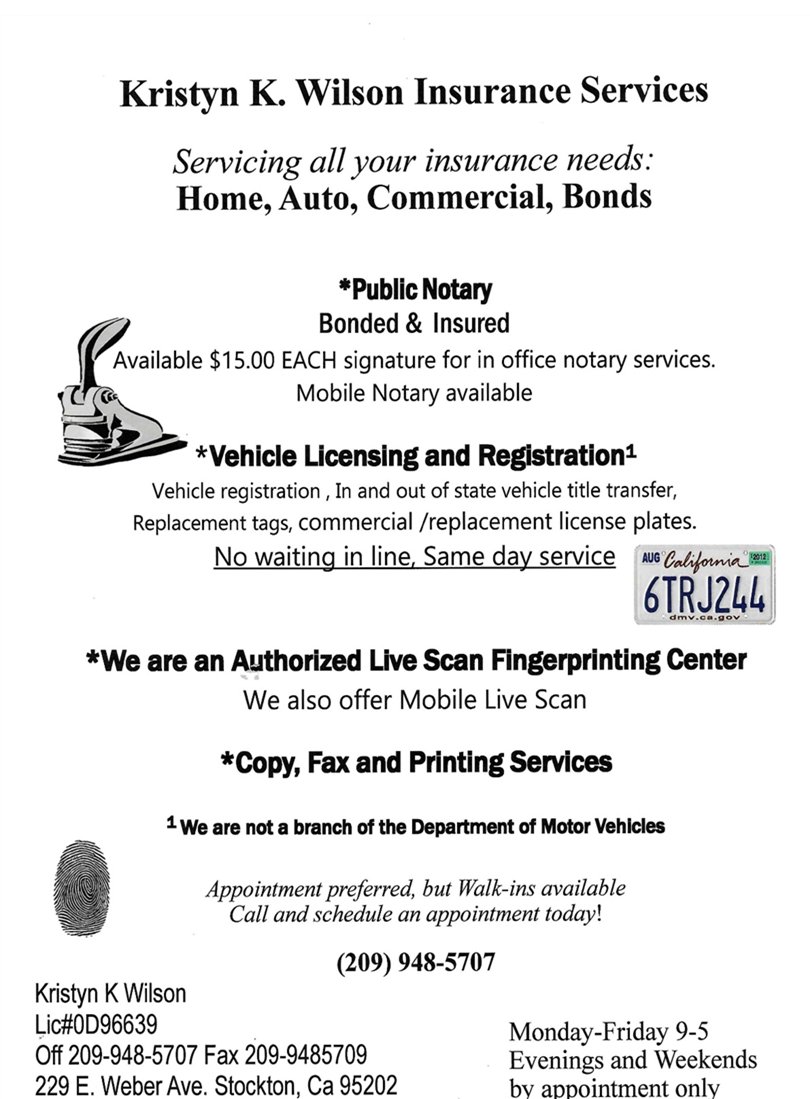 KKWinssvcs's tweet image. Kristyn K. Wilson Insurance Services

Located: {229 E Weber Ave Stockton CA, 95202}
 (209) 948-5707
Appointment preferred, but Walk-Ins available.
Call and schedule an appointment today!