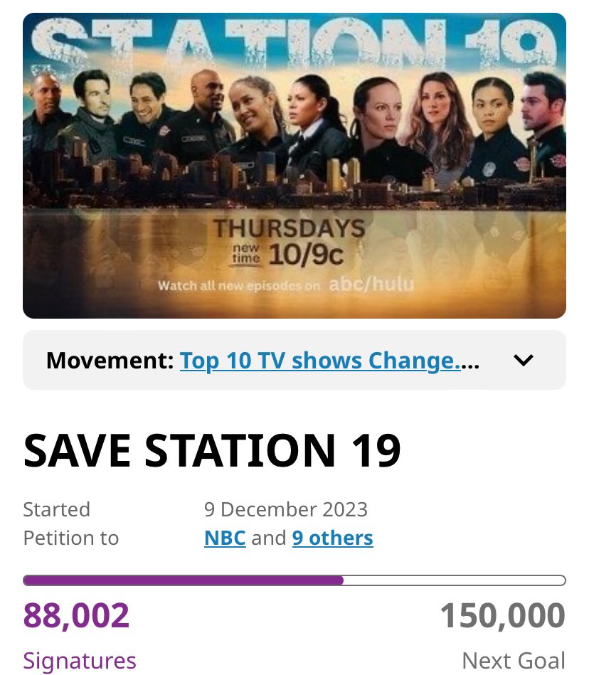 88,000!🎉

thank you to every single person who has signed to help try and save our little fire show. it has changed and saved lives all over the world, and there are so many stories left to be told. we keep fighting the good fight.

NINETEEN!🔥❤️

#savestation19 #station19