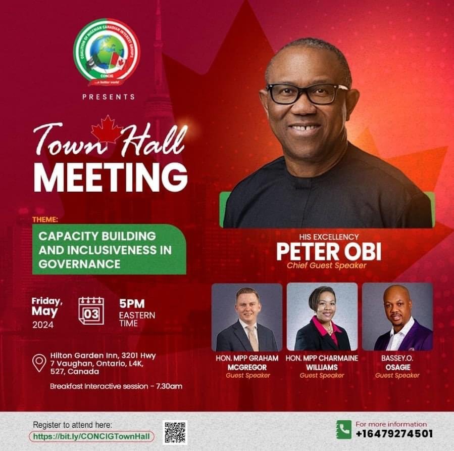 Calling upon all Obidient Residents of Ontario, Canada! You are invited to join Mr @PeterObi and a panel of distinguished leaders on 3rd May 2024. 5pm Eastern Time. This event promises to be an insightful and thought-provoking discussion.