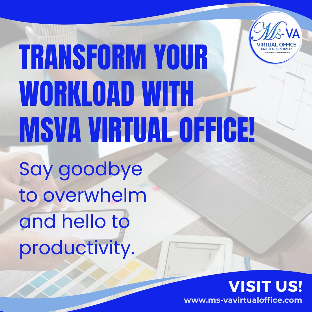 Transform your workload and boost productivity with MSVA Virtual Office! Delegate tasks seamlessly, streamline your operations, and achieve more in less time. Let's transform together!

 #BoostProductivity #virtualassistance #virtualassistants #virtualoffice #msvavirtualoffice