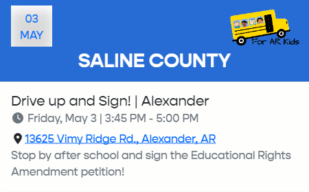 Greetings, Alexander & Shannon Hills. If you haven't signed the petition to get the #AREducationalRightsAmendment on the ballot, drive by Vimy Ridge Rd. after school from 3:45-5 p.m. today & join the movement #ForARKids. Sign. Follow. Share. Like. #RegnantPopulus #Arkansas #arpx