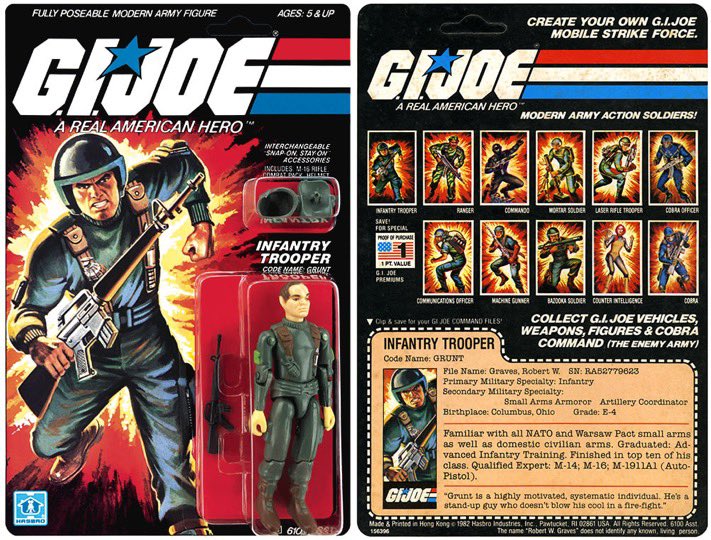 Check out Grunt from GI Joe series 1 in 1982. Who was your favorite soldier character from the 1st series?

Thanks to @3DJoes for the photos. 

#gijoe #80s #eighties #80scartoons #80snostalgia #saturdaycartoons #saturdaymorningcartoons #actionfigures #hasbro #grunt #soldier