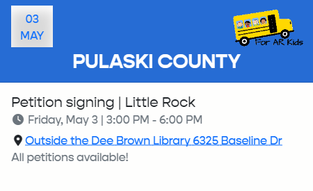 Greetings, Little Rock & Pulaski Co.! If you haven't signed the petition to get the #AREducationalRightsAmendment on the ballot, stop by the Dee Brown Library from 3-6 p.m. today and join the movement #ForARKids. Sign. Follow. Share. Like. #RegnantPopulus #Arkansas #arpx