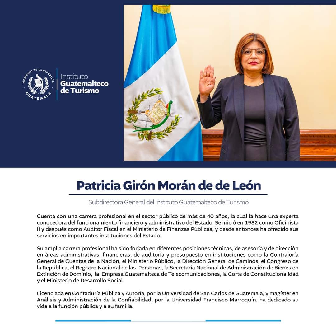 #Nacionales | Patricia Girón Moran de  León, ha sido nombrada subdirectora general del Instituto Guatemalteco de Turismo (INGUAT), según se dio a conocer por la entidad estatal.