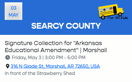 Greetings, Marshall & Searcy Co.! If you haven't signed the petition to get the #AREducationalRightsAmendment on the ballot, stop by the Strawberry Shed from 3-5 p.m. today and join the movement #ForARKids. Sign. Follow. Share. Like. #RegnantPopulus #Arkansas #arpx
