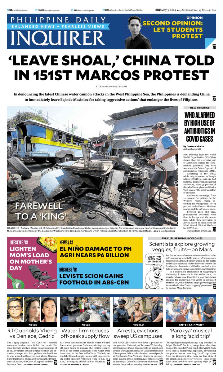 Today's Inquirer front page (May 3, 2024).

More at inq.news/plusfront. 📰#INQFrontPage