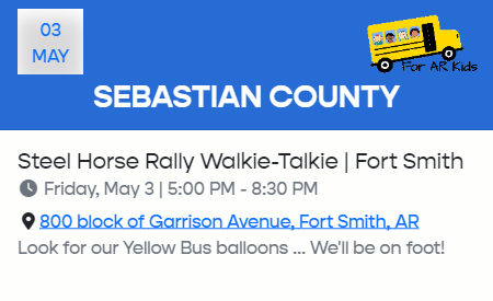 Greetings, Fort Smith & Sebastian Co.! If you haven't signed the #AREducationalRightsAmendment petition, stop by the Steel Horse Rally this evening and join the movement #ForARKids. Look for the Yellow Bus balloons. Sign. Follow. Share. Like. #RegnantPopulus #Arkansas #arpx