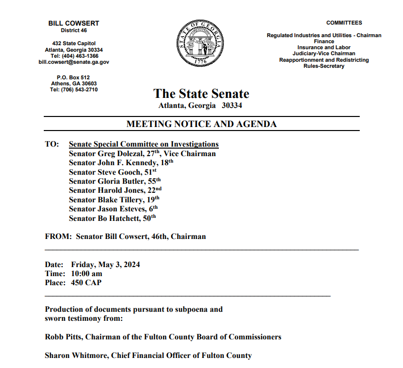 UPDATE: Fulton County Commission Chair Robb Pitts tells me he was subpoenaed Wednesday to appear Friday before a Georgia State Senate committee that's investigating Fulton County District Attorney Fani Willis.

Fulton's CFO has also been called to appear under oath #atlpol #gapol