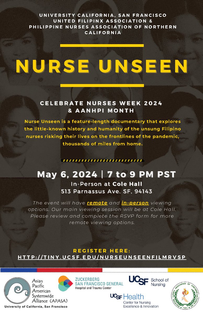 🗓️Mark your calendar! Join us for two events to kick off #NationalNursesWeek this Monday, May 6! - May 6 at 6 p.m. - Fireside Chat healthrecognition.ucsf.edu/file/4171 - May 6 at 7 p.m. - Nurses Unseen Film Screening tiny.ucsf.edu/lmYYZd