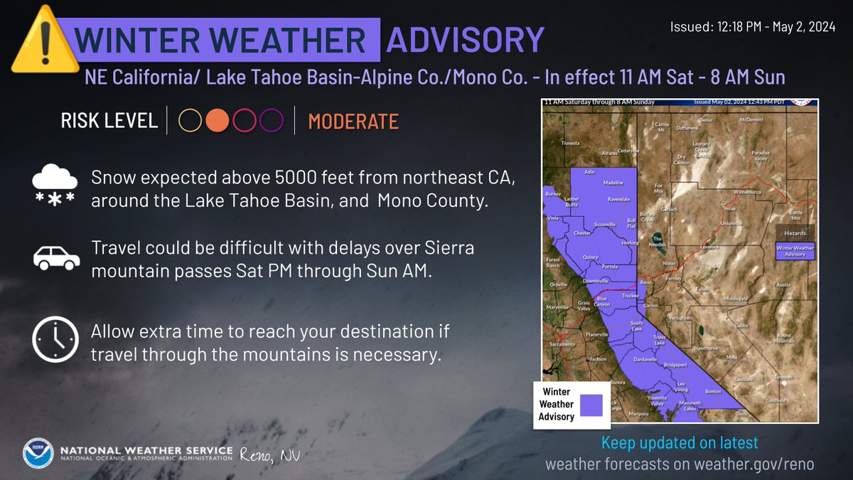 A Winter Weather Advisory is in effect from 11 AM Saturday through 8 AM Sunday for Northeast CA, the Lake Tahoe Basin-Alpine Co., and Mono Co. #CAwx #nvwx Winter Weather Advisory details: tinyurl.com/4pxyusjj