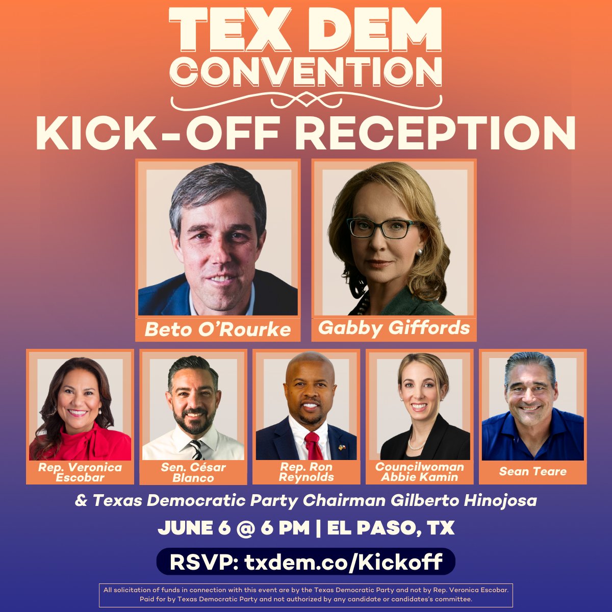 The one and only @GabbyGiffords is joining the line-up for the Texas Democratic Convention Kick-Off Reception! Gabby has been leading the fight to end gun violence – from her time in Congress to her current-day activism. To see Gabby in El Paso, visit txdem.co/kickoff ⭐