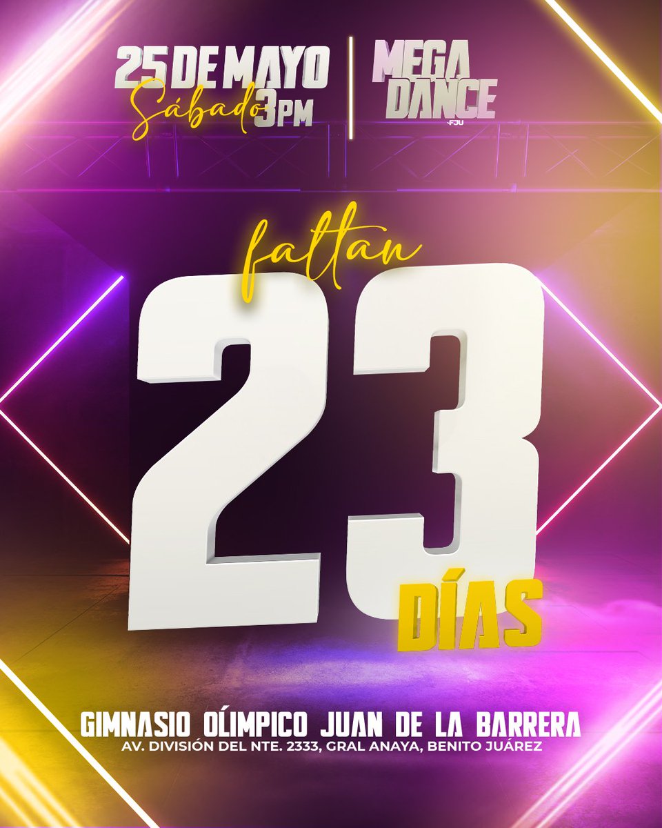 ¡Tan solo 23 días para el Mega Dance! 😎🕴🏻💃🏻🕺🏻

¿Quién ya está list@? 

#FJUMx #MegaDance #Mayo #YoVoy #EnPreparacion