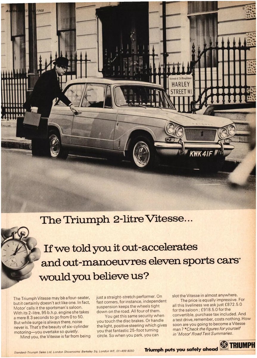 Factoid Extra: A pretty good example of a ‘Q-car’ or sleeper, the Mk1 Vitesse 2-litre enjoyed good performance though like the other swing axle Triumphs of the time a wet or greasy corner could be ‘interesting’… @neilmbriscoe @t2stu @DarraghMcKenna @TopOfTheTower @StvCr