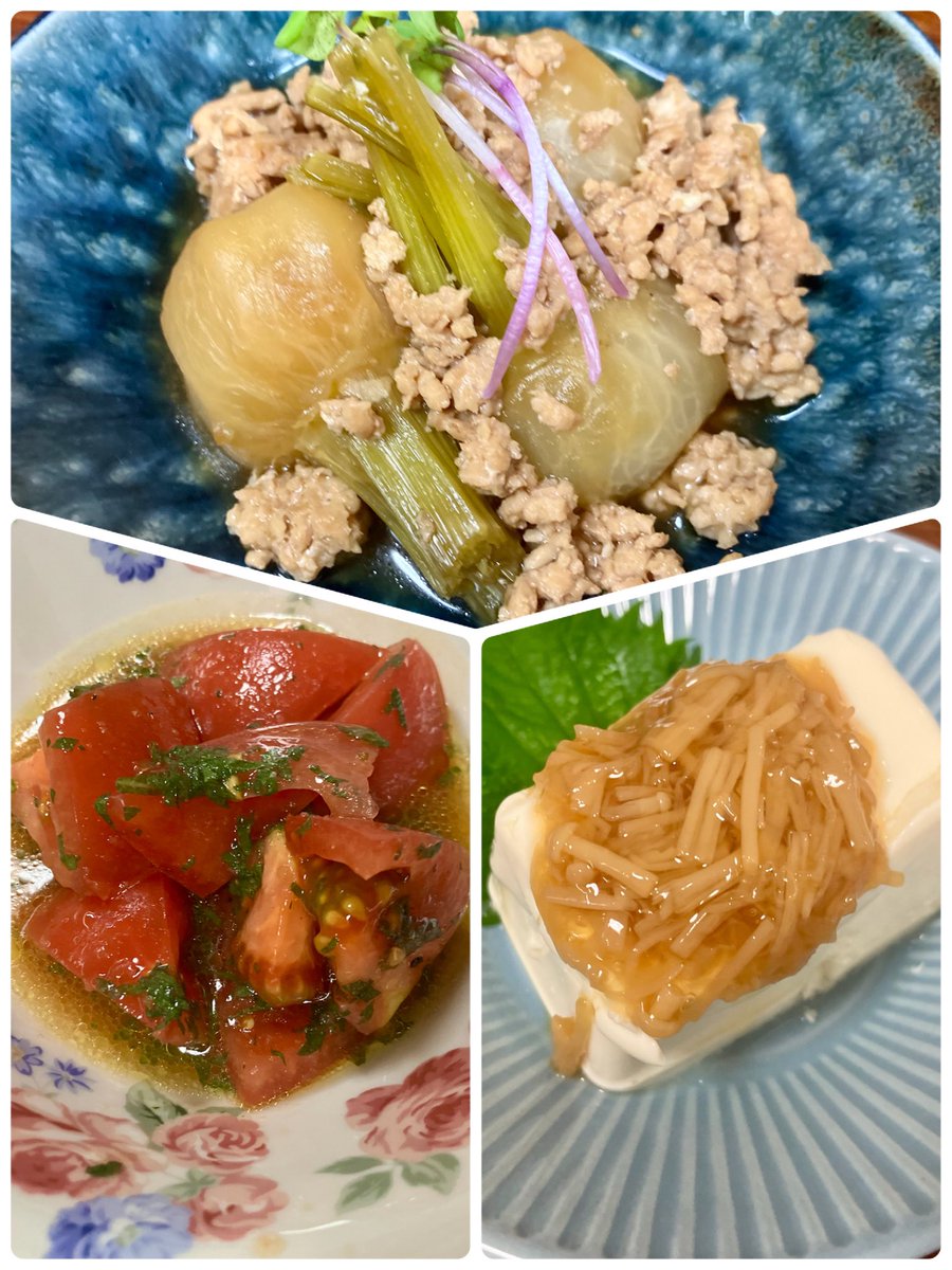 昨日のハリー家🏠おつまみ達😊
🔸鶏もも肉の明太マヨ和え
🔸豚エノキ蒸し
🔸カブと鶏そぼろのあんかけ
🔸冷製トマトサラダ
＃晩ごはん ＃おうちごはん 
＃料理好きな人と繋がりたい 
＃家庭料理